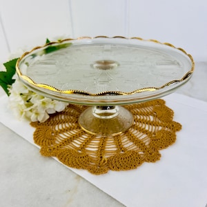 Vintage Jeannette Glass Pedestal Cake Stand, Harp Lyre pattern, pressed glass, gold scalloped rim, for serving cakes, desserts, appetizers