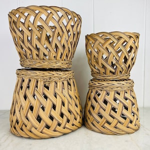 Vintage wicker plant baskets, hand woven, fine wicker, set of four, for plants, wicker storage basket, waste basket, boho decor, gift