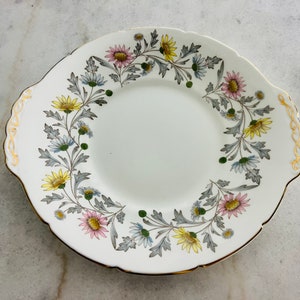 Vintage (1960s) Coalport Somerset Cake Plate, grey, pink, yellow and blue, Gerbera Daisies, for serving, mid century decor, made in England