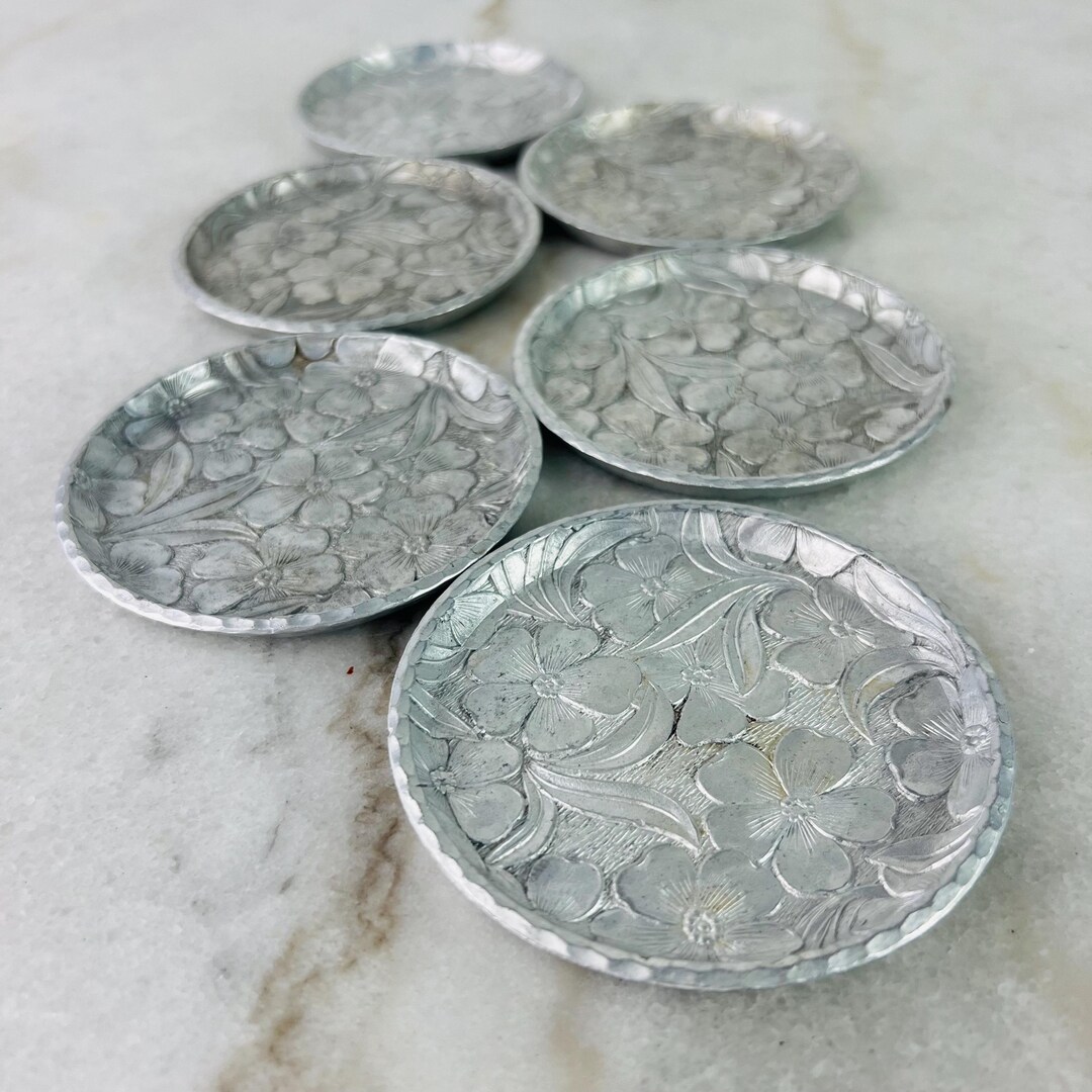 Vintage Everlast Aluminum Coasters, Set of 6, Embossed Dogwood