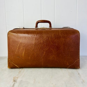 Antique Leather Suitcase, embossed finish, three partitions, plaid interior, 24&quot; x 14&quot;, vintage travel leather luggage, retro storage, gift