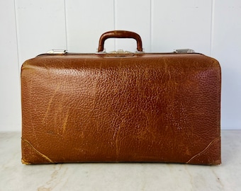 Antique Leather Suitcase, embossed finish, three partitions, plaid interior, 24" x 14", vintage travel leather luggage, retro storage, gift