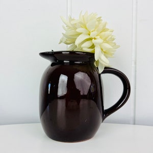 Vintage 1950s Redware Pitcher, Dark Chocolate Brown Glaze, for water, flowers or kitchen utensils, rustic country farmhouse decor