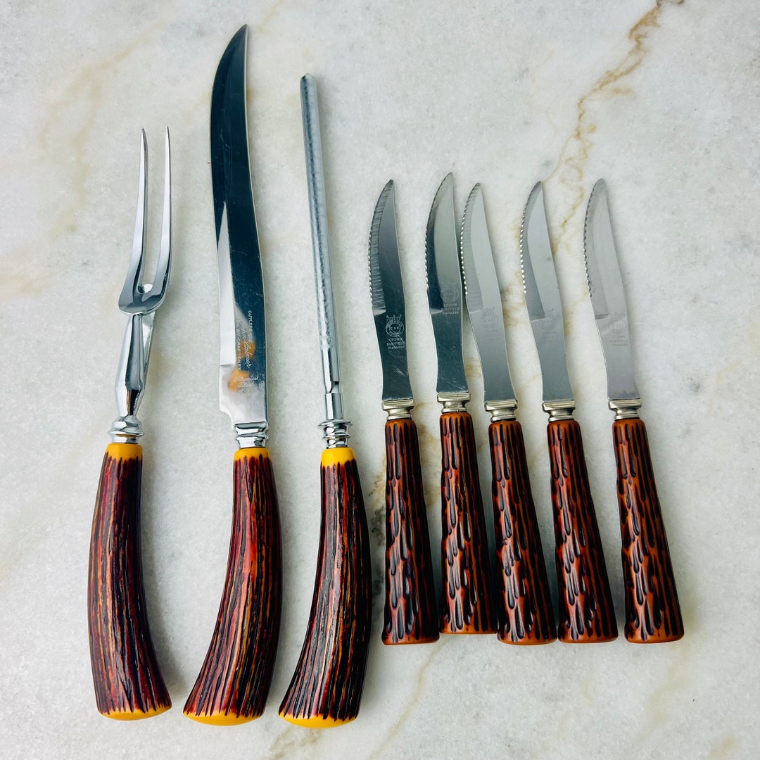 Vintage Crown Sheffield Carving Knife Set, Faux Bone Handles