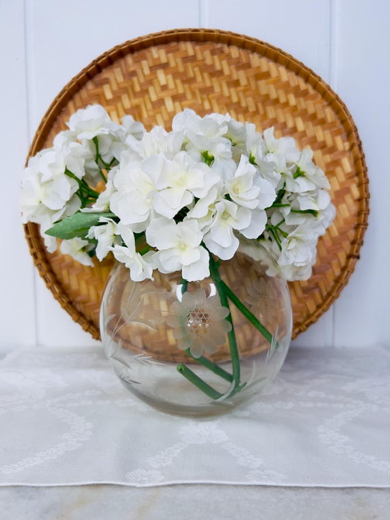 Vintage W.J. Hughes Cornflower Etched Glass Vase, Bubble Shape 