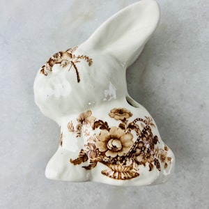 Antique Crown Devon Fieldings Bunny Rabbit Toothbrush Holder, Brown Floral Transferware, Shabby Chic, Victorian home, bathroom decor, gift