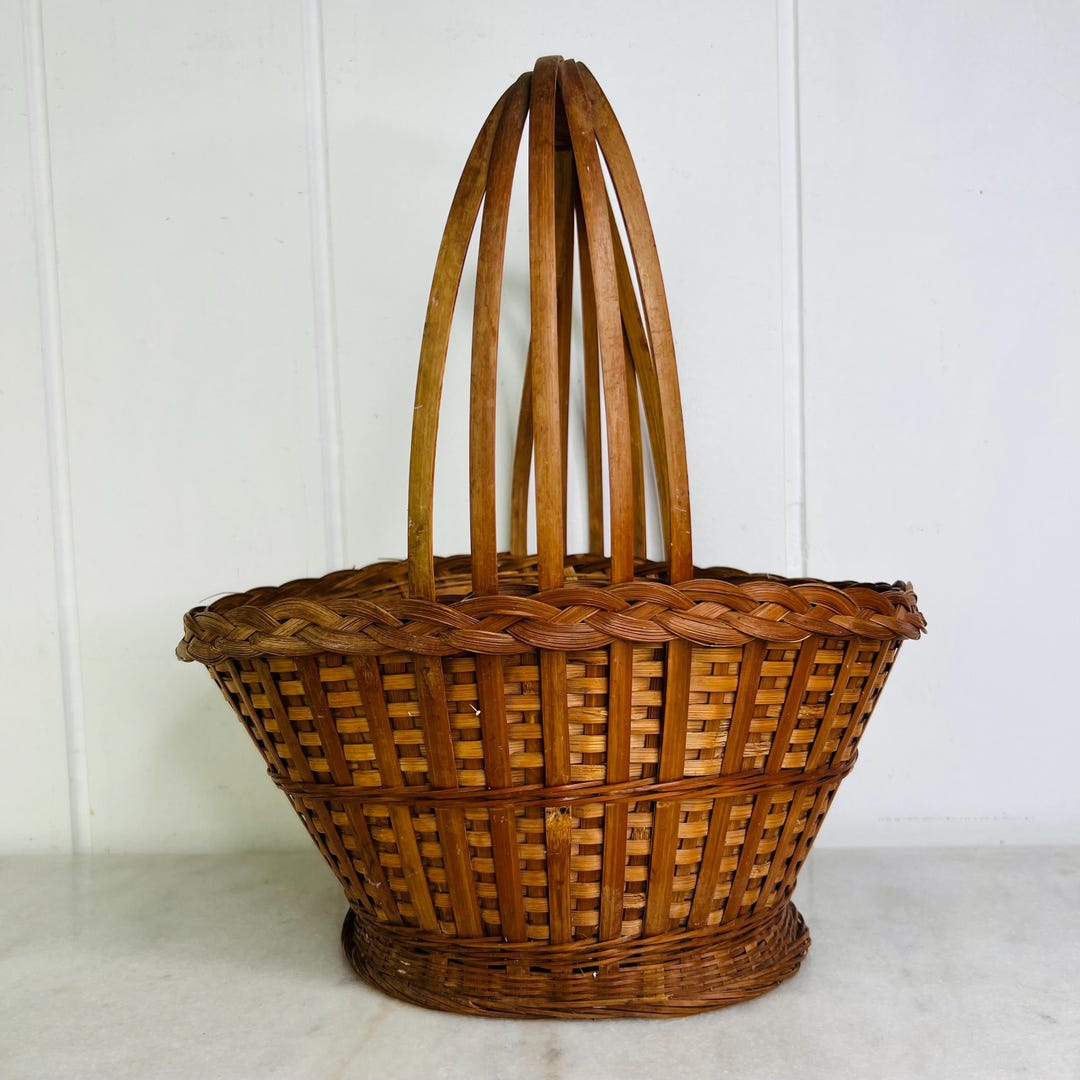 Vintage Woven Bamboo Splint Basket, Vintage Storage Basket, Handled ...