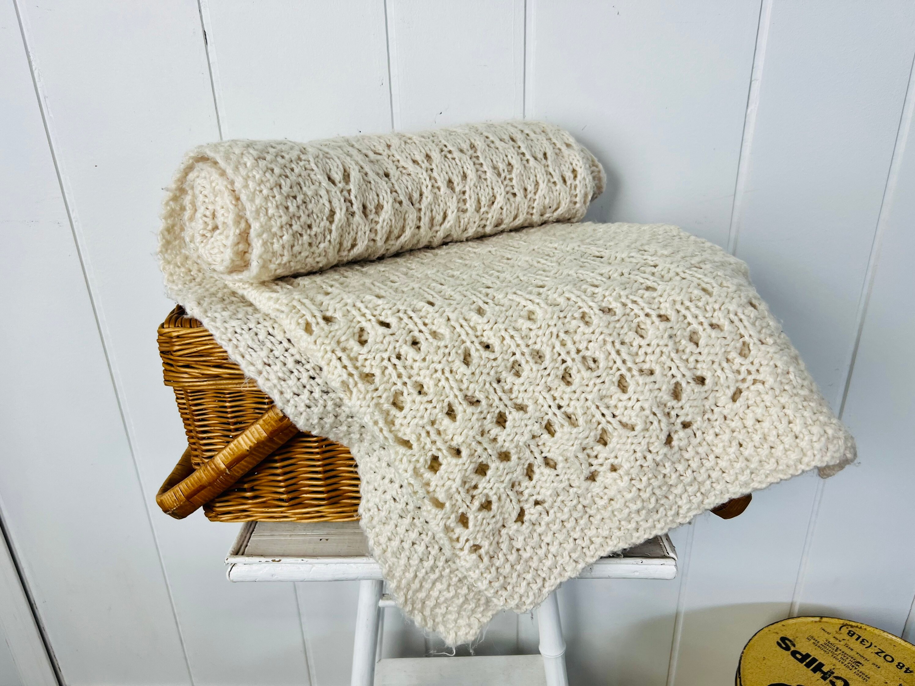 Vintage Wool Lap Blanket, Handmade Sweater-knit, Throw Blanket for