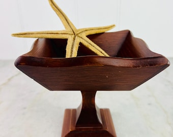 Vintage Handcrafted Wood Pedestal Bowl, Dark Finish, Centrepiece