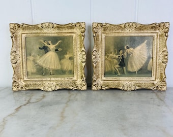 Pair of Vintage Dancing Ballerina Prints, by Sophie, Adagio, Arabesque, Gold and Cream wood Frames, Shabby Chic, vintage home decor, gift