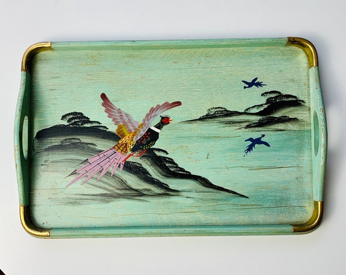 Vintage Serving Tray, 1950s Hand Painted Tray, Pheasant on Green Wooden