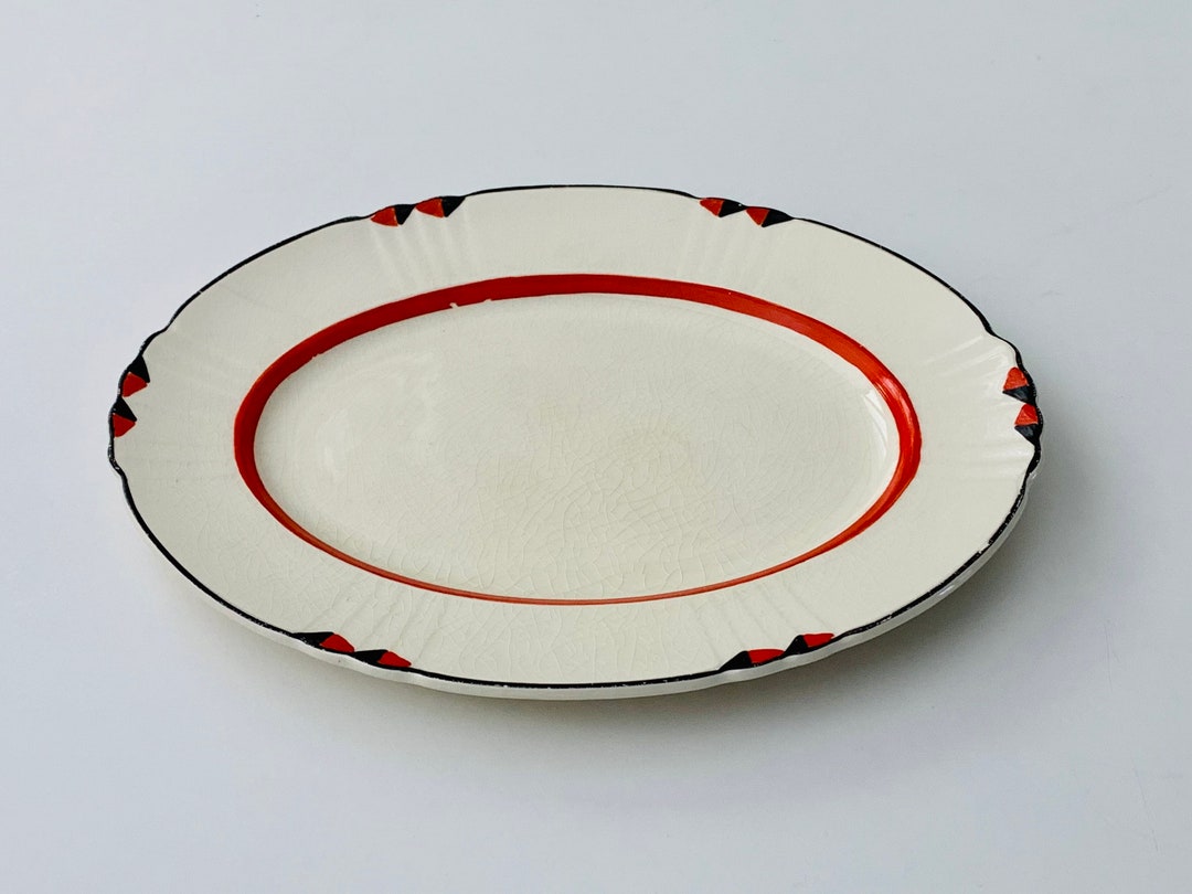 Vintage Myott Son & Co. Platter, Hand Painted, Art Deco White W Red