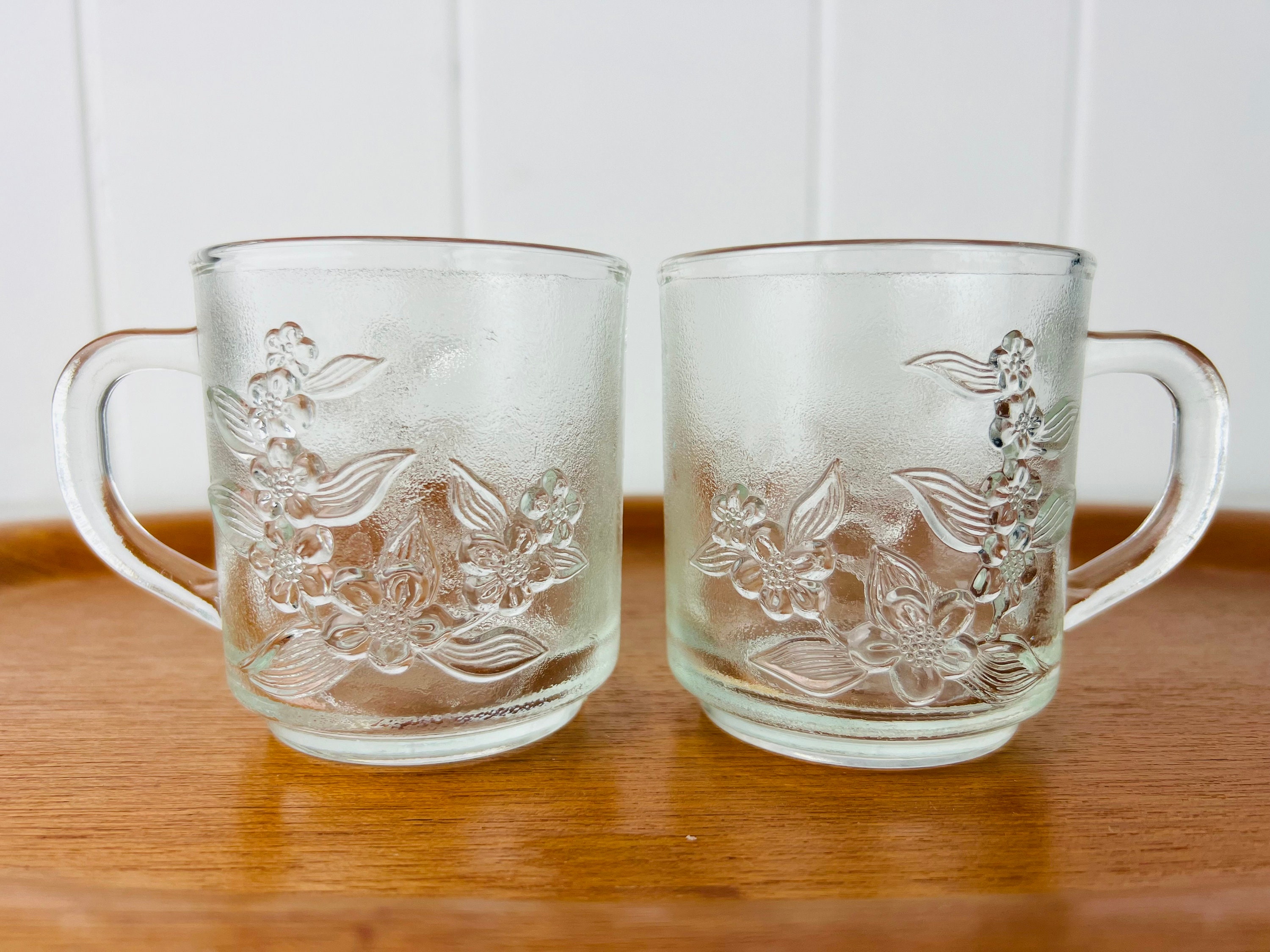 Vintage KIG Clear Glass Coffee Mugs, Pressed Glass Mugs, Tea Mugs, Set of  Two, Floral Design 