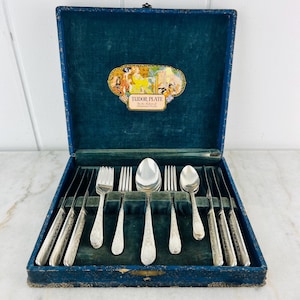 May include: A vintage blue velvet-lined box containing a set of silver-plated cutlery. The box has a label that reads "Tudor Plate By the Makers of Community Plate".