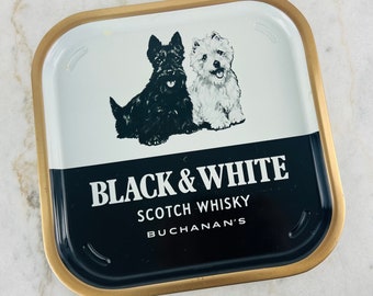 Plateau en acier pour whisky écossais noir et blanc Buchanan's vintage, plateau de service en métal publicitaire à collectionner, 13 1/4" carré, articles de bar vintage