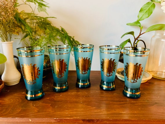 5 MCM Cocktail Glasses Cerulean Blue and Gold Foil Fancy Glasses, Stag and  Antlers Emblem Set of Five, 1950s Tom Collins, Hunter Club 