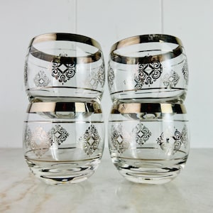 Silver Rim Roly Poly Glass Set of 4 Mid Century, Dorothy Thorpe style, from Cutler Brands, whisky glass barware, 1960s, collectible, gift