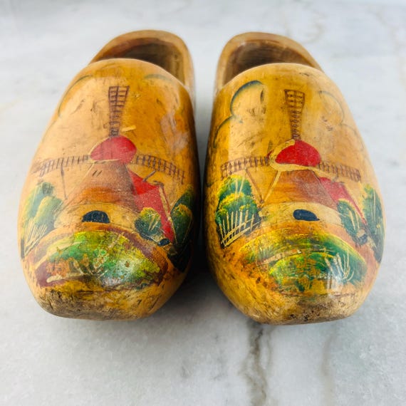 Antique Hand-Painted Dutch Wooden Clogs, Windmill Decor, 10"