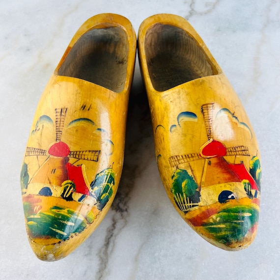 Antique Hand-Painted Dutch Wooden Clogs, Windmill Decor, 11"