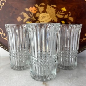 Vintage Fostoria Aspen Pattern Crystal Cut Glassware, set of three, 1970s, Clear Diamond and Vertical pattern, Tall Heavy Highballs, gifts