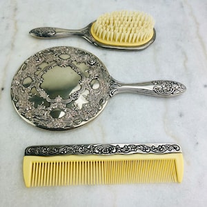 Vintage Silver Plated Vanity Set, Silver Ornate Hand Mirror, Brush and Comb, for Dressing Table, Art Nouveau Style, Wedding, gift for her