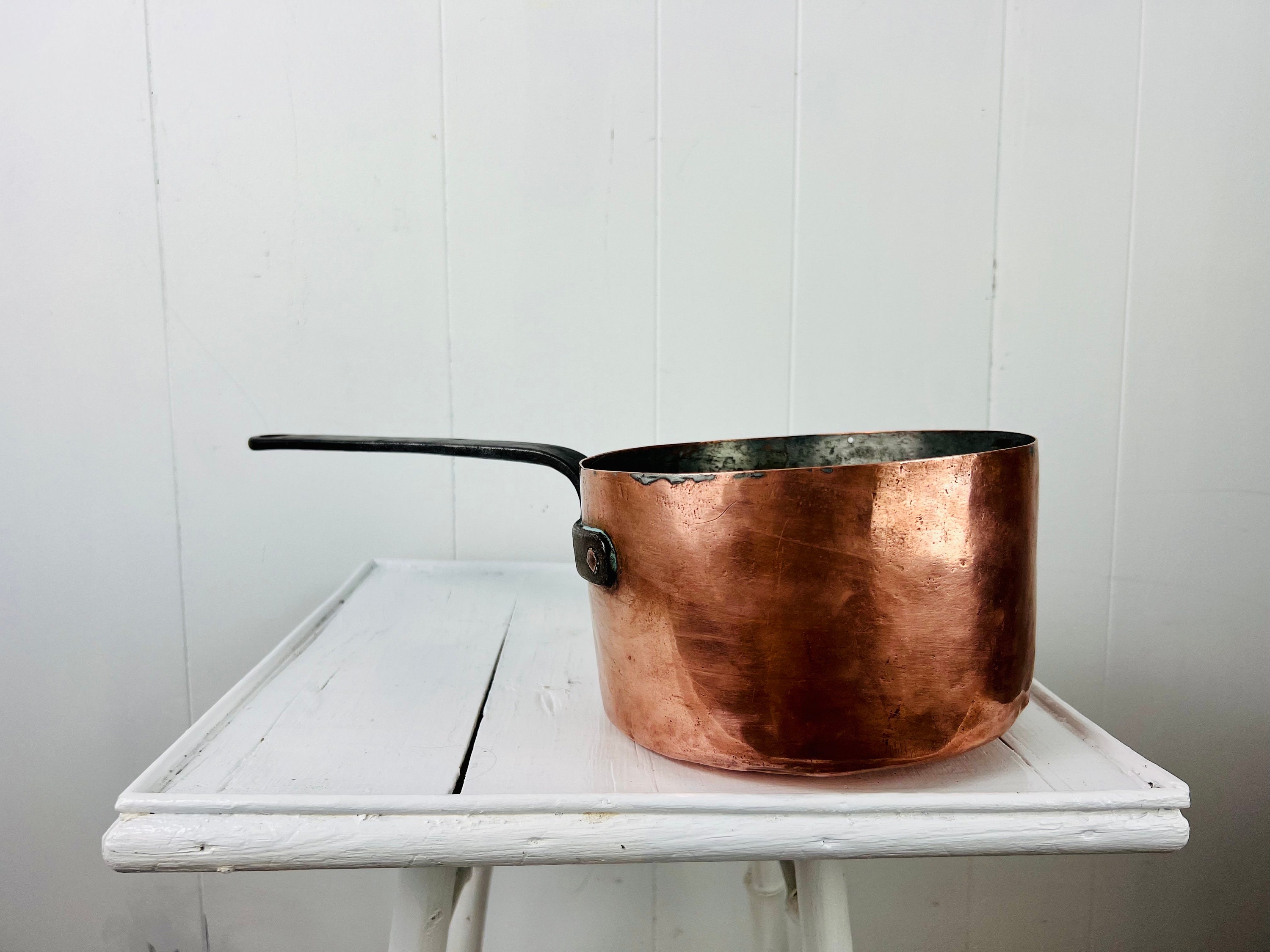 Antique Copper Pot With Long Handle, Large, Hand Wrought, for Open