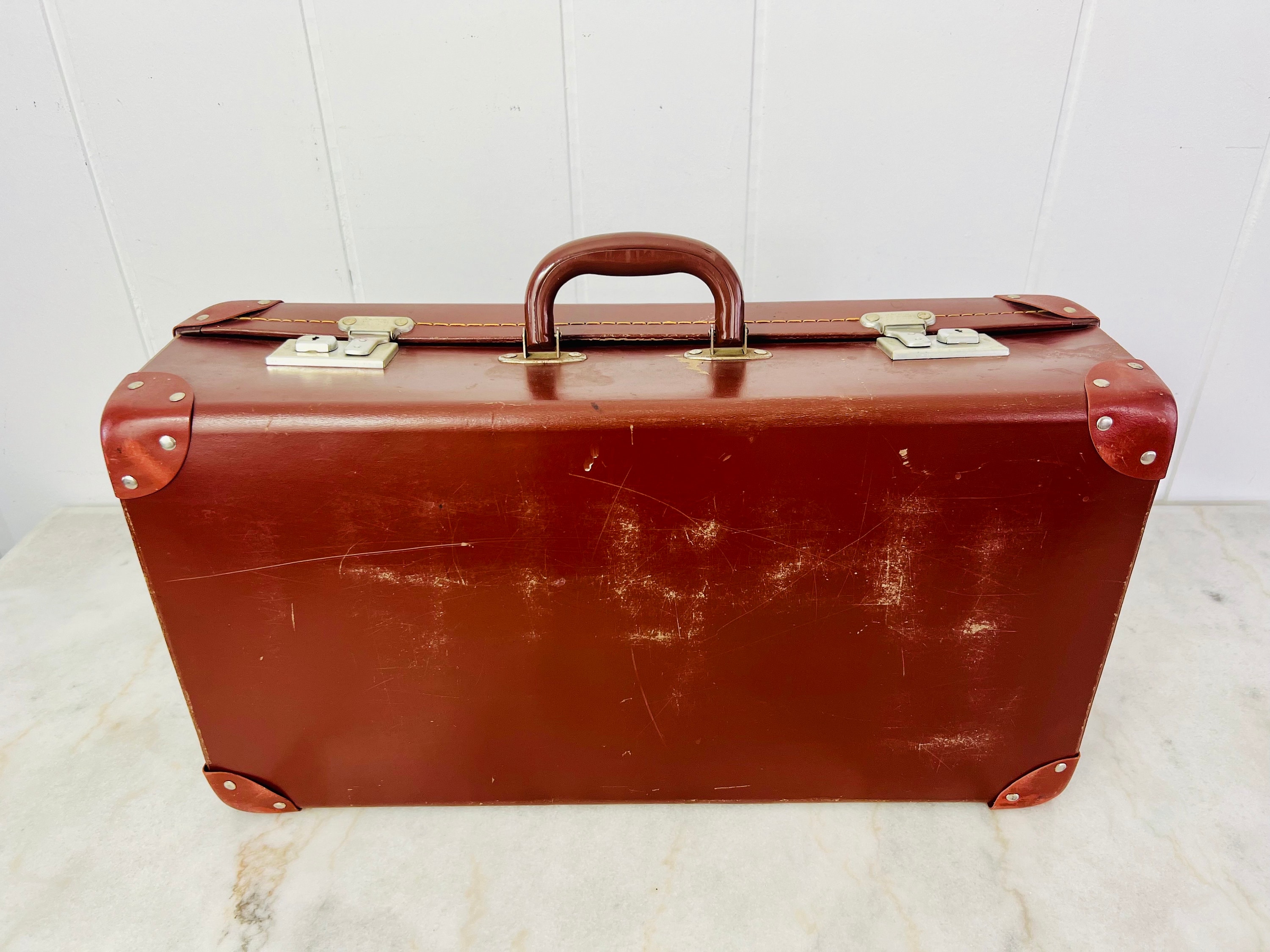 Vintage Brown Leatherette Cheney Cardboard Suitcase, Antique