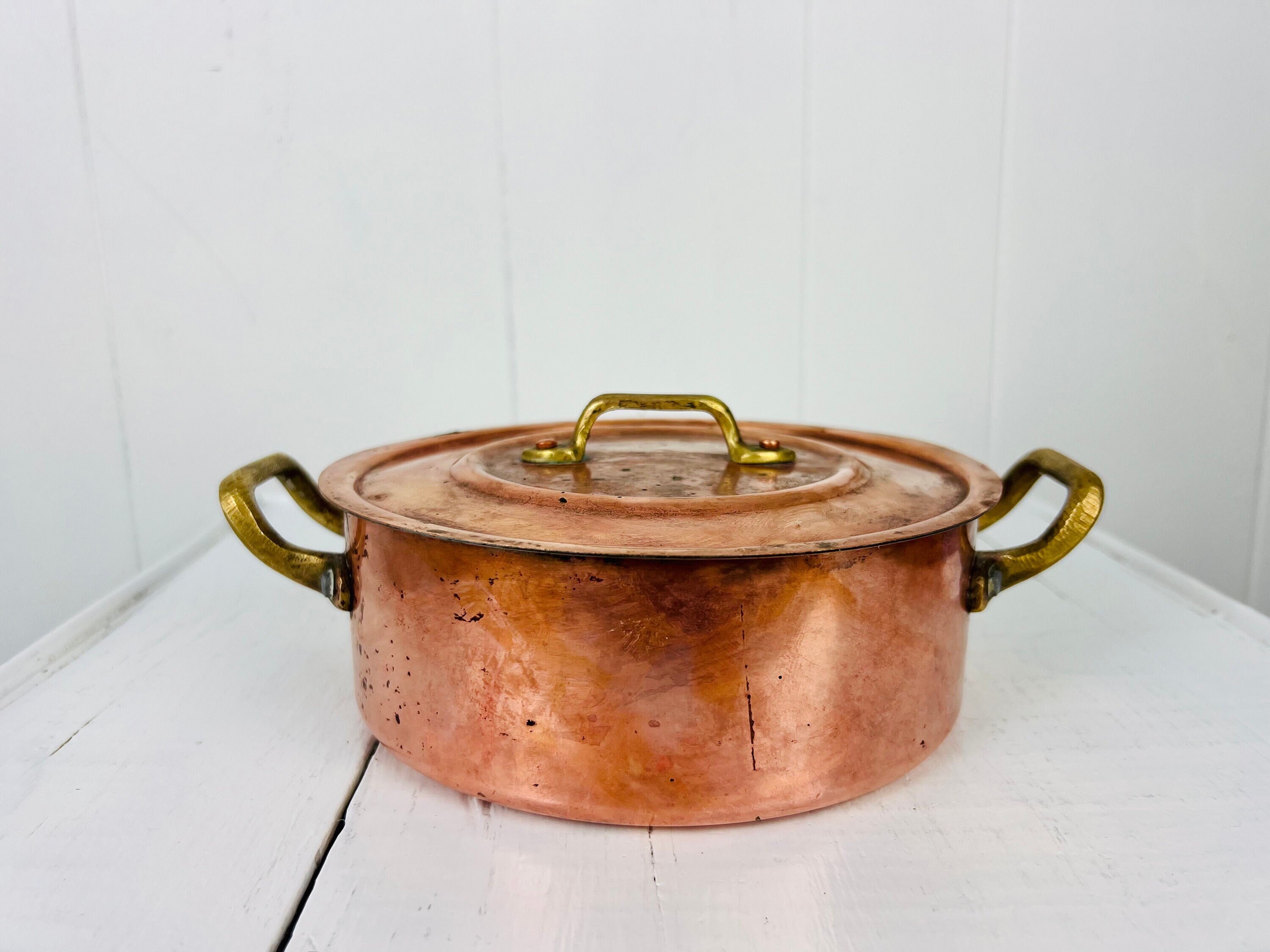 Vintage Copper Tin Lined Covered Casserole Stock Pan Pot Made in Italy -  Ruby Lane