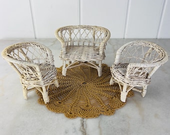 Vintage Miniature Wicker Doll furniture, Patio Set, Love seat + two chairs, for Barbie, Dolls, Teddy Bears, Plants, collectible, decorative