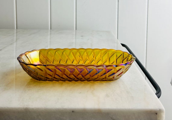 Vintage (1970s) Millersburg Iridescent Amber Glass dish, diamond pattern, oblong, scalloped rim, for trinket tray, snacks, mid century