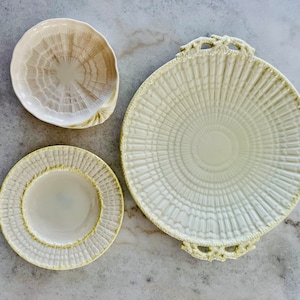 Antique Belleek Plates China, Limpet Cake Plate and small plate, Neptune trinket dish candy tray, Irish china, wedding gift