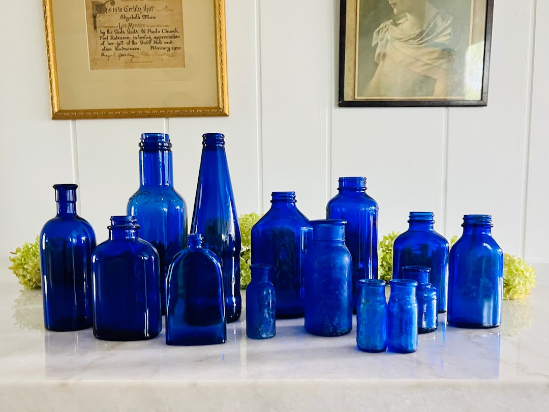 Vintage Cobalt Blue Glass Medicine, Beer and Perfume Bottles 14 Sold
