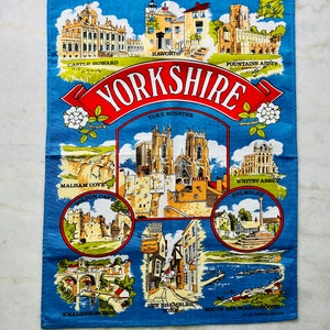 Vintage Yorkshire souvenir tea towel, 1970s cotton dish towel, best friend gift, kitchen decor, table linen, wall hanging, English tea towel