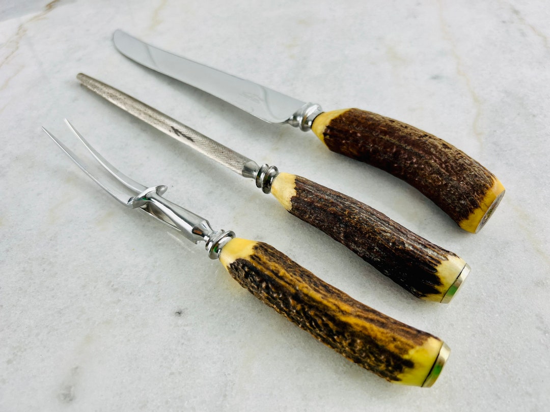 Vintage Bone Handle Carving Set, Cooper Brothers & Sons Antler Bone, Sheffield Steel, for