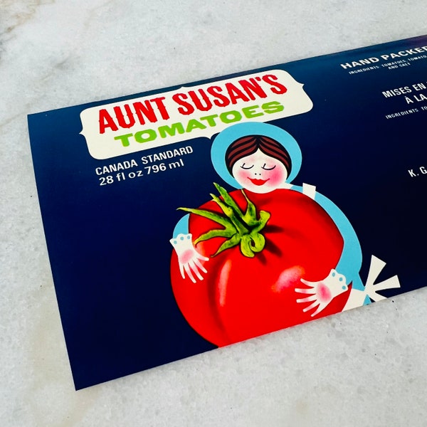 Vintage ORIGINAL Tomato Tin Can Advertising Label Aunt Susan's Tomatoes Tomates Ante Suzanne, Unused Canadian Collectible Kitchen Ephemera