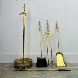Vintage Solid Brass Fireplace Tools set of 4 with stand poker shovel horsehair brush clawfoot scissored tongs for home cottage wood stove