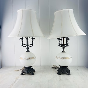 2 x Vintage Hollywood Regency Vianne VV French Globe Lamp, Black painted Brass, Opalescent Glass with gold and white details, working