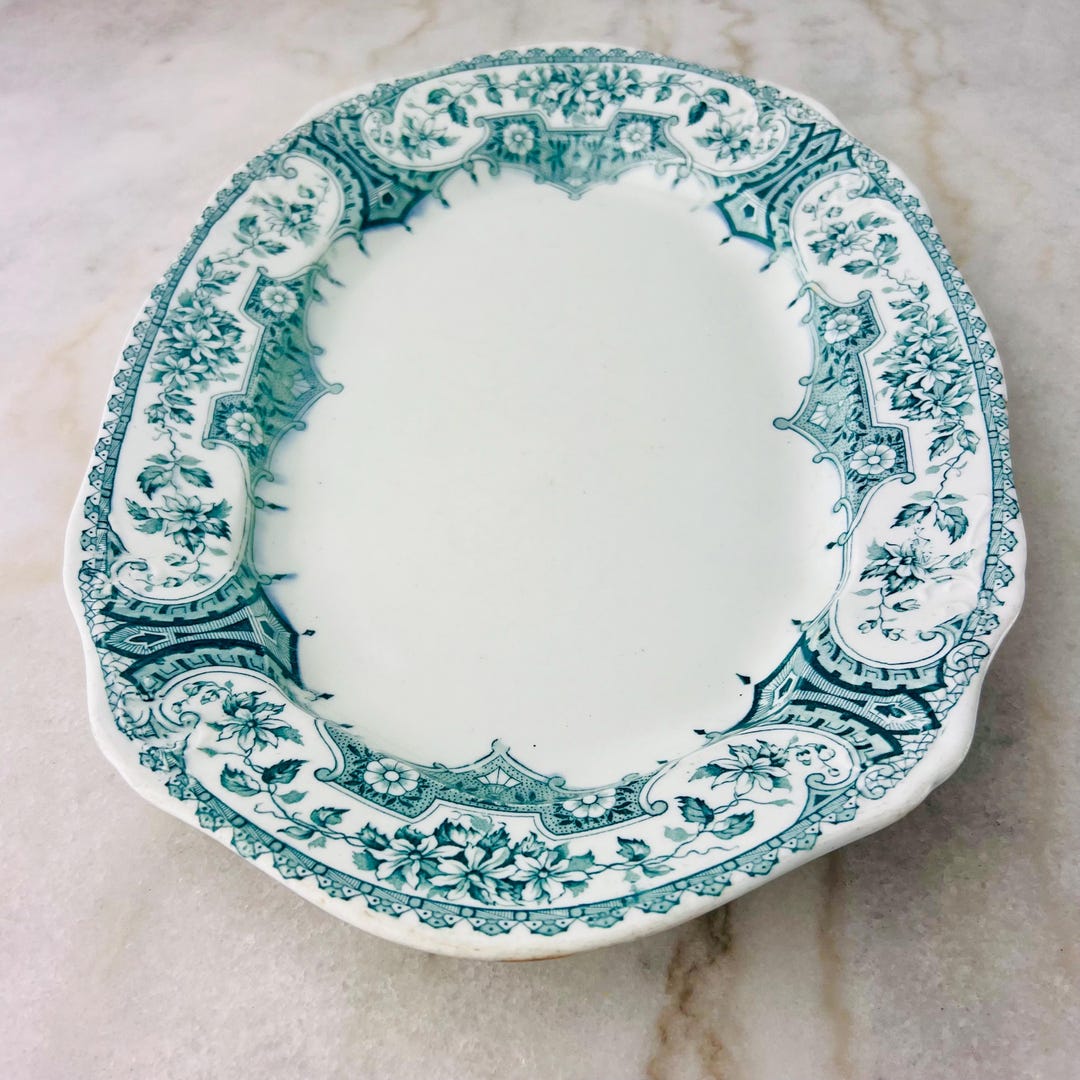 Antique Warwick Transferware Platter, Colonial Pottery, Blue Green