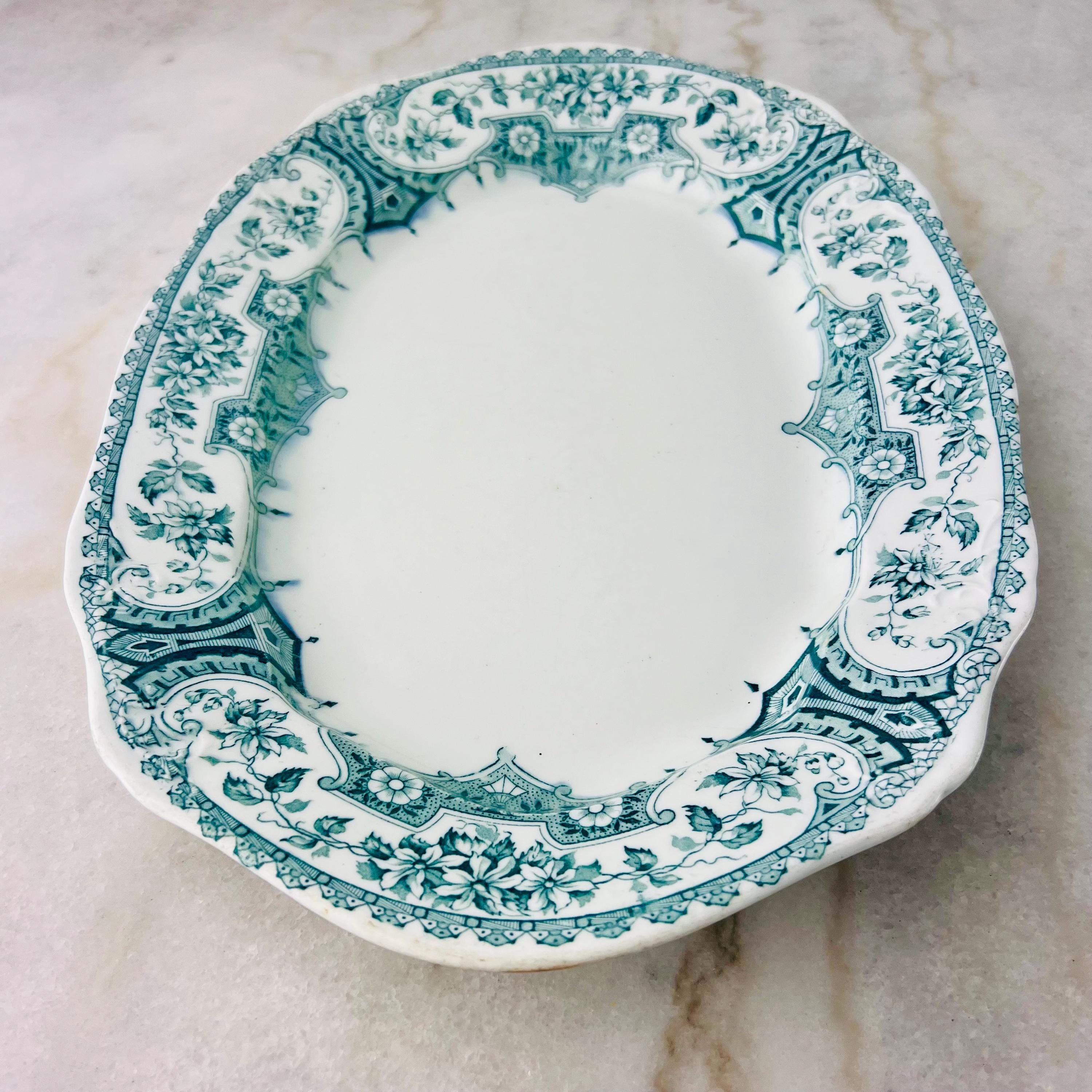 Antique Warwick Transferware Platter, Colonial Pottery, Blue Green