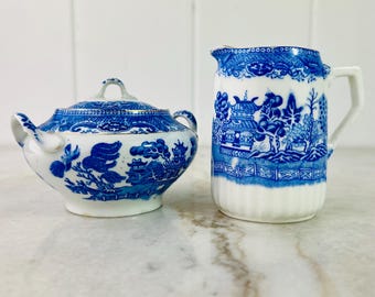 Antique Myott Blue Willow Creamer and Sugar Bowl Set, 1940s Transferware