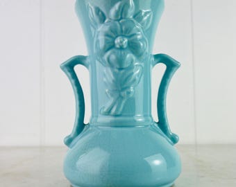 ヴィンテージ ショーニー陶器 ハンドル付き花瓶、エンボス加工の花