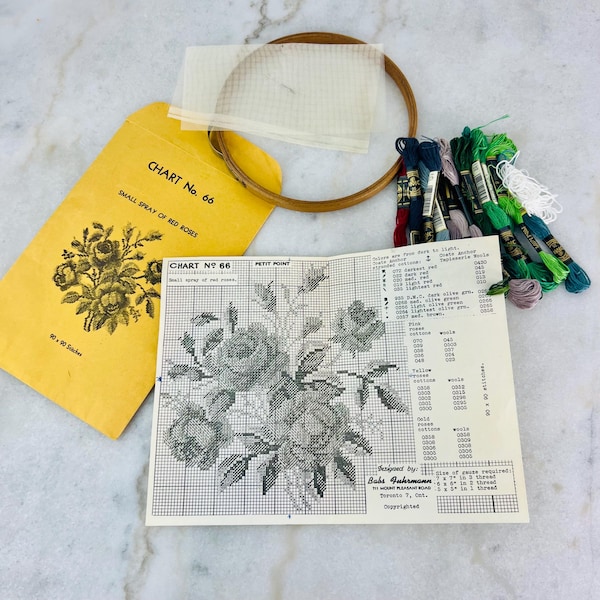 Kit de bordado vintage Petit Point, rosas rojas, patrón de Babs Fuhrmann, bastidor de resorte.