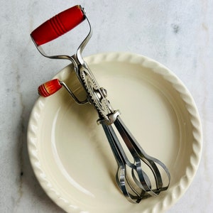 Vintage Taplin Hand Mixer with wood handle, hand crank for beating eggs, light mixing, farmhouse country kitchen decor