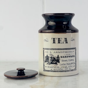 Vintage Abenakis Pottery &quot;Ye Olde Canadian&quot; Tea Storage, by Ceramic De Beauce, made in Quebec, Canadian pottery, vintage advertising