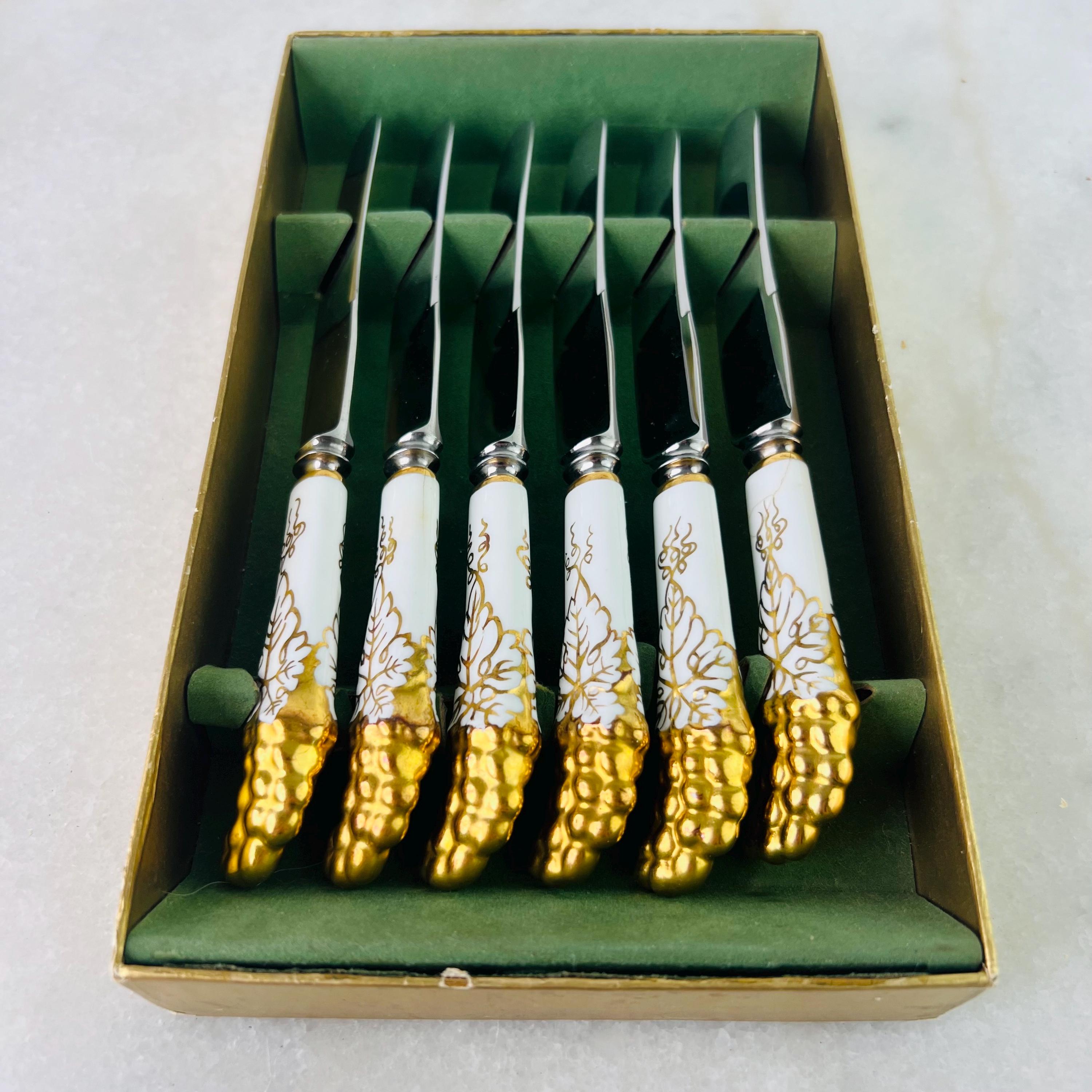 Vintage Royal Crown Derby Knives, Gold Vine Embossed China Handles