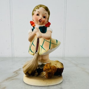Vintage Goebel Hummel-like Figurine, hand painted Girl With Broom and Squirrel, made in Japan, vintage knick knack, porcelain, gift