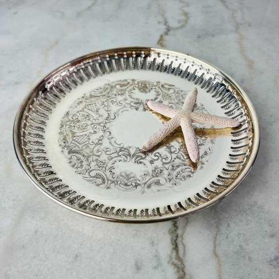 Vintage Marlboro Plate Silver Tray, Pierced Floral Etching, Made