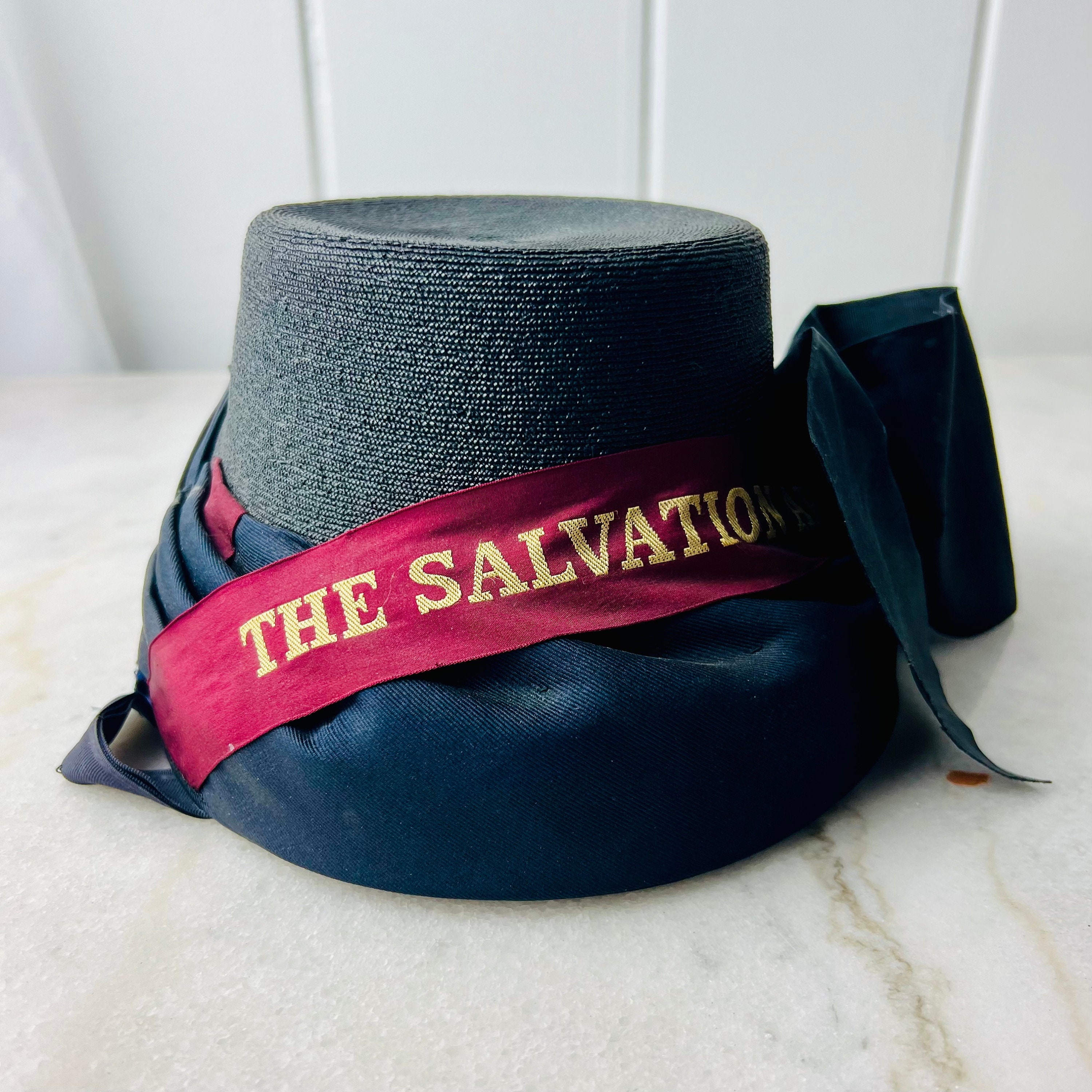 Vintage‎ Salvation Army Bonnet Hat Black Maroon Straw Silk Ribbon Oversized Bow RARE Salvation Army Bonnet and Hat Box Collectors Set  main image 4