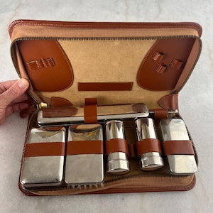 Vintage Leather and Chrome Travel Toiletry Kit, with seven pieces, German, Art Deco, for Grooming, gift for him