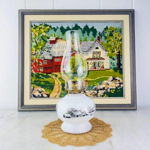 Vintage 1950s Currier and Ives Hurricane Oil Lamp with Country Farm Scene, white glass, black pattern, clear glass shade, vintage home decor